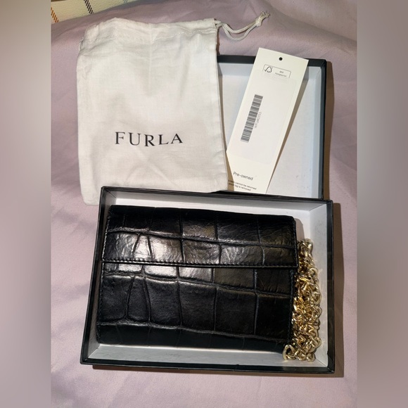 Furla Black Croc-Embossed Clutch with Gold Chain, Dustbag & box